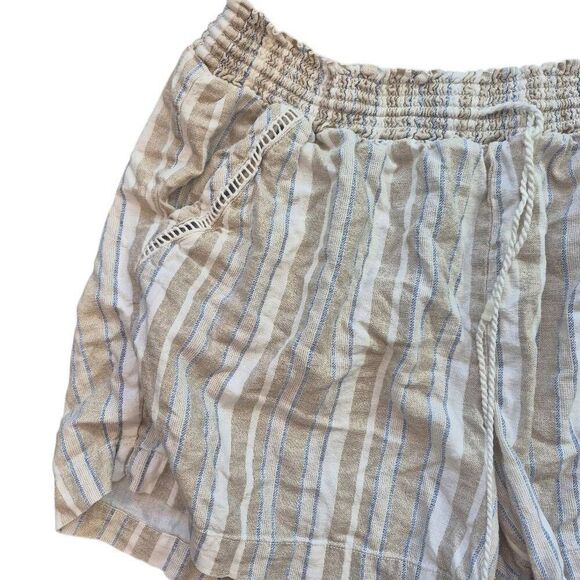 Briggs Women's Tan/White/Blue Linen/Rayon Shorts w Pockets Elastic Waist and Dra - Picture 8 of 14